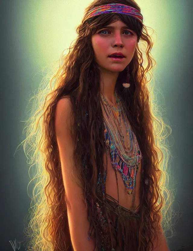 Image similar to portrait of a young woman wearing boho clothing, hippie girl, long hair, groovy hairband, bangs, woodstock background, intricate, smooth, groovy lighting, highly detailed, digital painting, artstation, concept art, smooth, sharp focus, illustration, art by wlop, mars ravelo and greg rutkowski