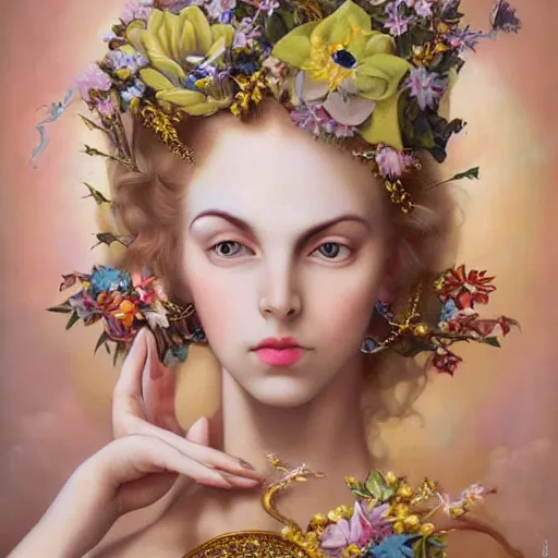 Image similar to centered portrait composition, woman with blonde hair full of spring flowers wearing ornate earrings, ornate gilded details, pastel colors, a surrealist painting by tom bagshaw and jacek yerga and tamara de lempicka and jesse king, wiccan, pre - raphaelite, featured on cgsociety, pop surrealism, surrealist, dramatic lighting