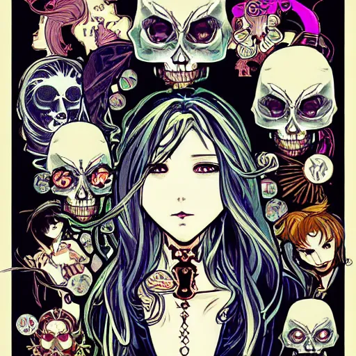 Image similar to anime manga skull portrait marvel young woman hood fairytale comic skeleton illustration style by Alphonse Mucha pop art nouveau