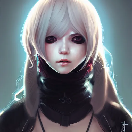 Prompt: portrait of a lttle female character in hood inspired by 9 s nier automata, artwork by artgem lau, anna dittman, wlop and rossdraws, anatomically correct, smooth, clean detailed, sharped focus, symmetrical, perfect composition, illustration, extremely coherent, detailed face, arstation