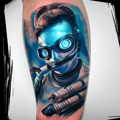 Image similar to cyberpunk underwater diver tattoo design, on white skin, by artgerm