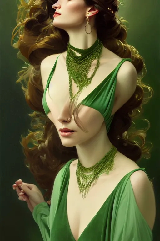 Prompt: highly detailed oil painting, ombre velvet gown, beautiful elegant dryad, beautiful face by leyendecker, feathers, long hair, muted green, dozens of jeweled necklaces, by greg rutkowski, brom, anato finnstark, alphonse mucha, cinematic lighting