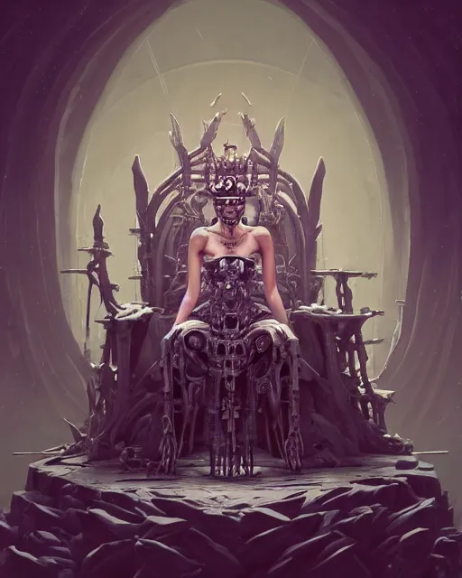 Prompt: computer rendering of a bone queen sitting on her throne, bone crown, skull earings, bone dress, throne made of bones, stephen bliss, unreal engine, by greg rutkowski, loish, rhads, makoto shinkai and lois van baarle, ilya kuvshinov, rossdraws, global illumination, radiant light, trending on artstation