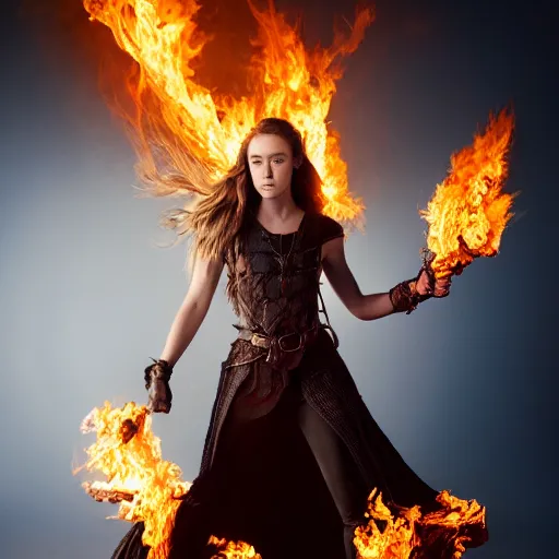 Prompt: full body of alycia debnam carey as a pyromancer , aruze colour aura, dreamwalker, EOS R5, f/2.8, HDR, studio light, medium close shot, dynamic pose, award winning photograph