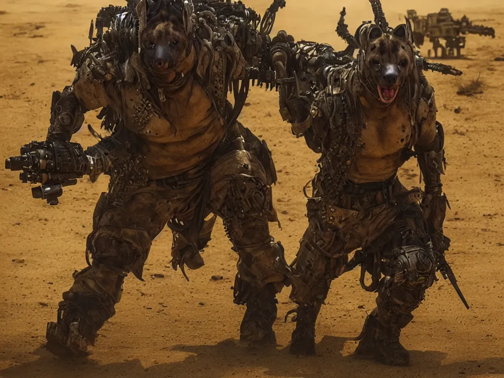 Image similar to a good ol'hyena fursona ( from the furry fandom ), heavily armed and armored facing down armageddon in a dark and gritty version from the makers of mad max : fury road. witness me.