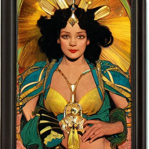 Prompt: portrait of a Chibcha gold goddess by Kowalski and Heckel and Ríos and Rutkowski and Mucha and Brom and Miller