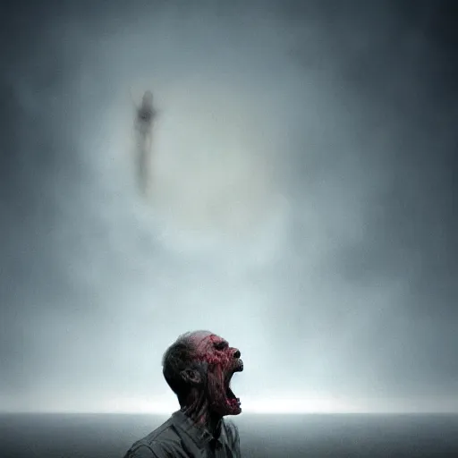 Image similar to man screaming at the bloody sky, digital art, redshift render, Beksinski style