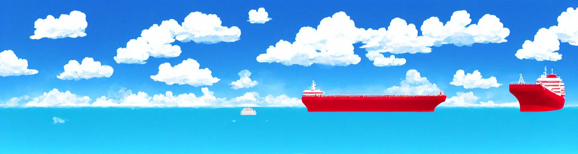 Image similar to in front of clouds, a big ship alone in ocean, clear blue sky background, don't have human, landscape, anime style