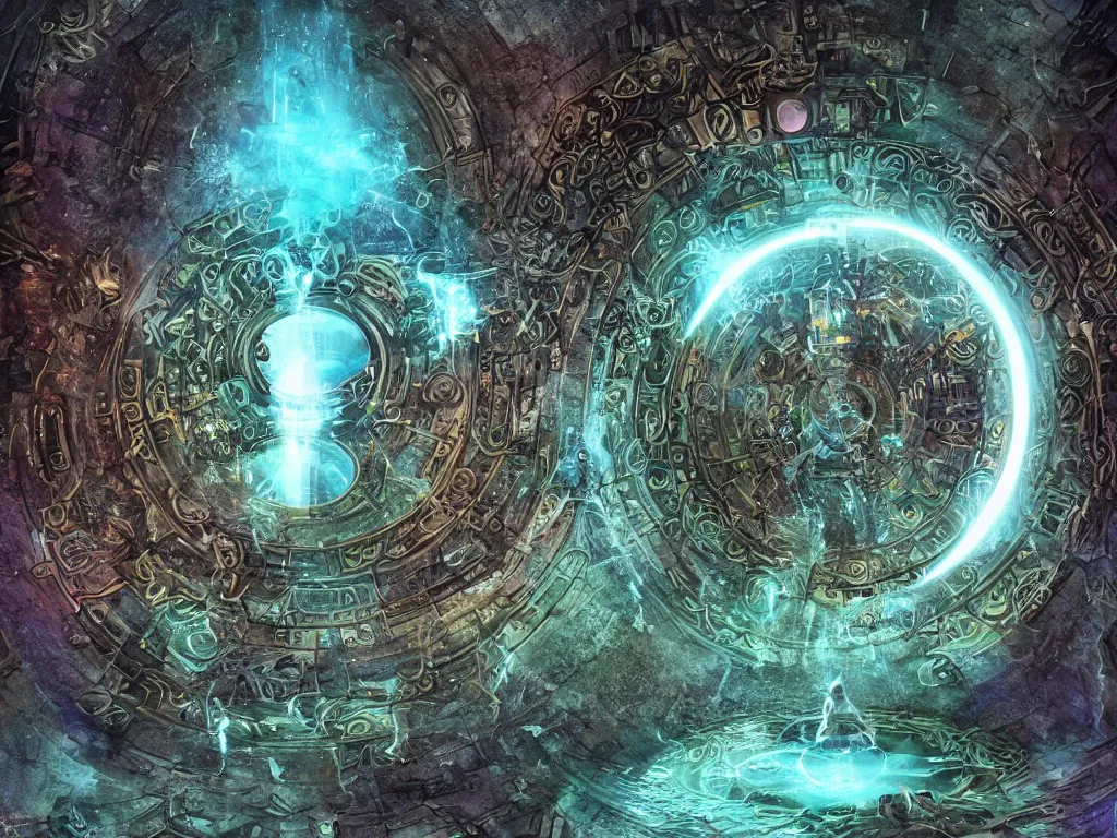 Prompt: mystic entrance with hundreds of portals to other worlds and dimensions