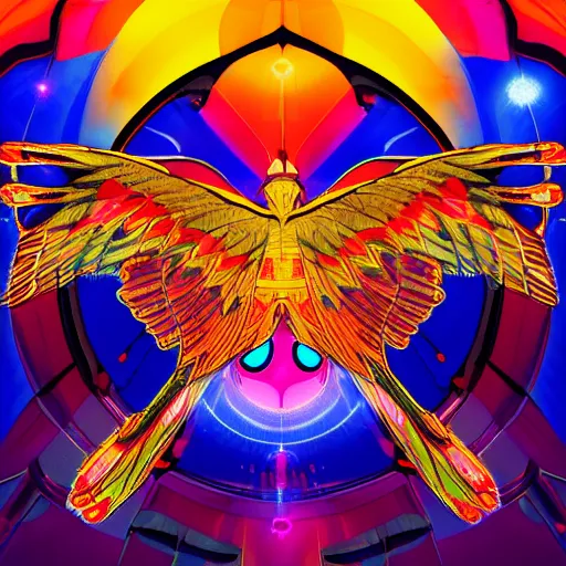 Image similar to multicolored open wings, a big yellow star below, an open eye in its center, space in the background, cyberpunk, details visible, digital art