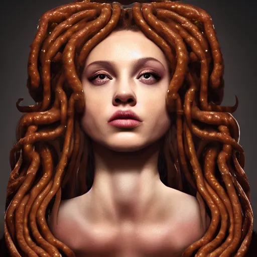 Image similar to medusa with hair made of sausages, award winning creature portrait photography, extremely detailed, artstation, 8 k, sensual lighting, incredible art, wlop, artgerm