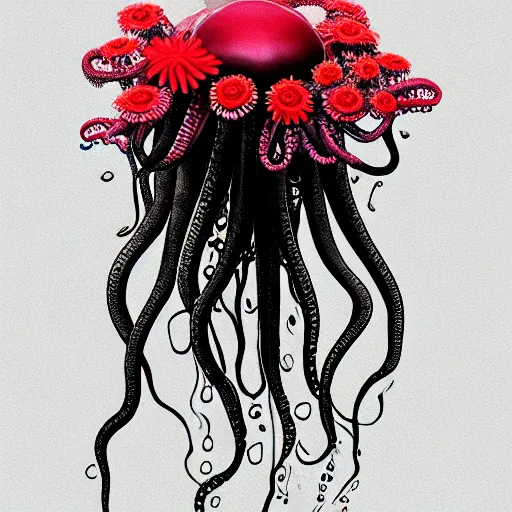 Prompt: hyperrealistic clicker from the last of us, flowers blooming and bursting, octopus, jellyfish, black and white, high contrast, soft focus, sharp, red, highly detailed