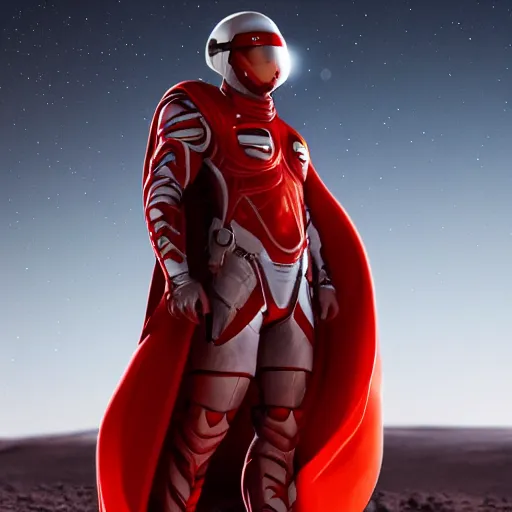 Image similar to tall muscular infantry man in glossy sleek white armor with a few red details and a long red cape, heroic posture, on the surface of mars, night time, dramatic lighting, cinematic, sci-fi, hyperrealistic, movie still