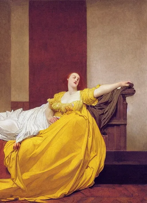 Image similar to masterpiece portrait of lady reclining on bed, rococo flowing cloth in wind raising twisting rising sheets floating in wind flying, wearing yellow ochre ornate medieval dress, vertical, foreshortening, colour photography by frederic leighton, william morris, 8 k