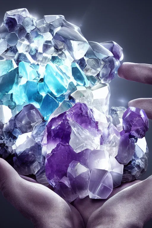 Prompt: very beautiful crystal and geode, shaped like a hand, refraction, cinematic color grading, hyperrealism, elegant, detailed, octane render, 8 k