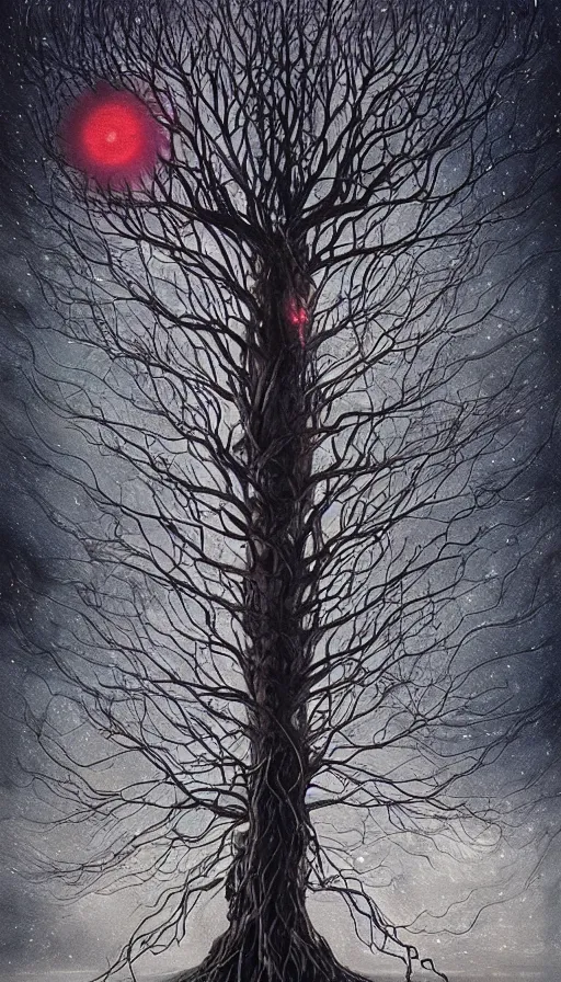 Prompt: the night sky is black and full of stars, huge red eyes are floating in the sky, their irises are red, ethereal tentacle tree, satisfying cable management, by Esao Andrews and Karol Bak and Zdzislaw Beksinski and Lady Frieda Harris, trending on ArtStation, volumetric smoke