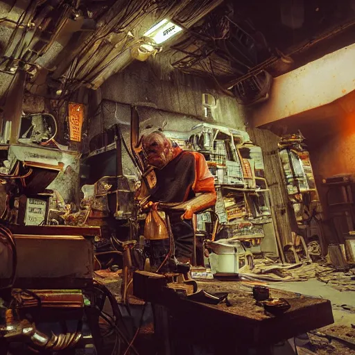 Image similar to half rusted old egg beater half stun - gun, balding older cyborg repairing, red hot soldering iron, dark messy smoke - filled cluttered workshop, dark, dramatic lighting, orange tint, cinematic, highly detailed, sci - fi, futuristic, movie still from blade runner