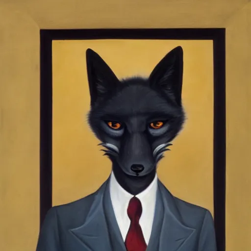 Image similar to portrait of a male anthro anthropomorphic black fox furry fursona with hands on eyes, wearing a suit, 1 9 7 0 s oil on canvas painting, by famous artist jylon denja