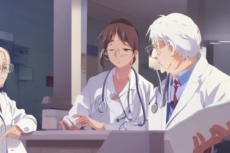 Image similar to a cute and beautiful young female doctor wearing white coat are talking with an old professor in a hospital, slice of life anime, lighting, anime scenery by Makoto shinkai