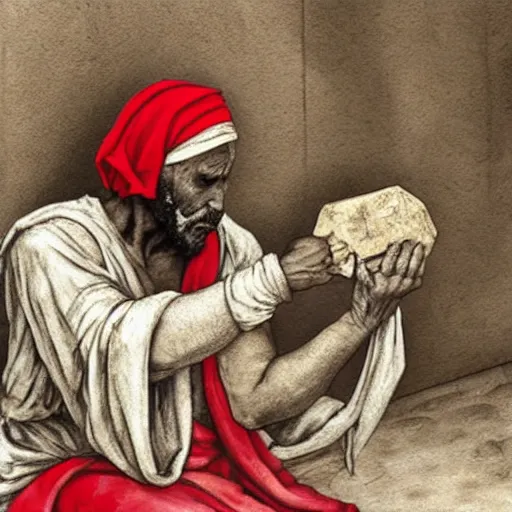 Image similar to ragged leper begging for coins on a streetcorner in biblical times. The street is very dusty. The leper wears brown sandals. art by michaelangelo. Black, white, red color scheme. Tricolor image. Black, white, red.