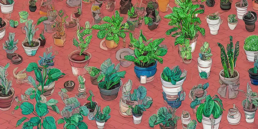 Prompt: a beatiful various potted plants on a table in front of a brick building, extremely detailed, sharp focus, wide view, full body shot, smooth, digital illustration, colorfull by, james jean, by rossdraws, frank franzzeta, sakimichan, mcbess, aphonse mucha