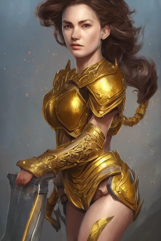 Image similar to three-quarters portrait pose of a beautiful woman, strong body, shining gold armor, human warrior, fantasy, intricate, elegant, highly detailed, digital painting, artstation, concept art, matte, sharp focus,D&D, illustration, art by Stanley Lau