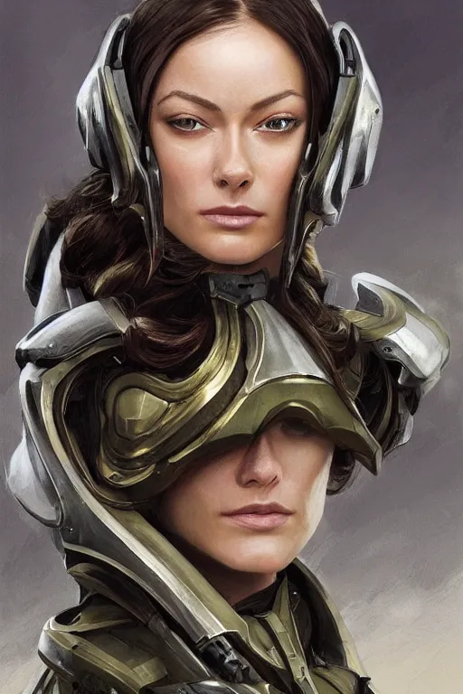 Image similar to a professional painting of a young Olivia Wilde, clothes in military armor, olive skin, long dark hair, beautiful bone structure, symmetrical facial features, intricate, elegant, digital painting, concept art, smooth, sharp focus, illustration, from StarCraft by Ruan Jia and Mandy Jurgens and Artgerm and William-Adolphe Bouguerea