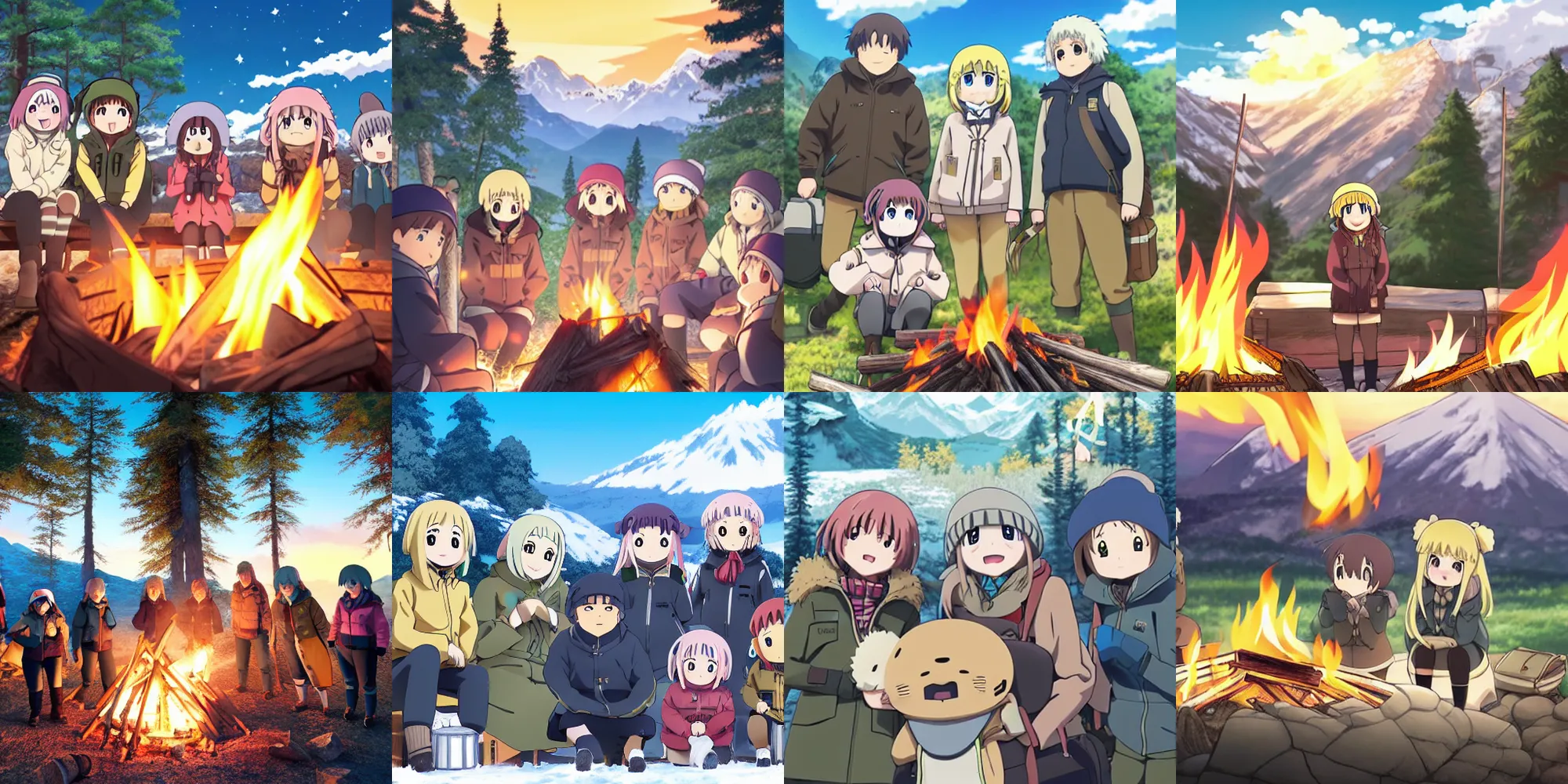 Prompt: yuru camp anime campfire official anime key visual