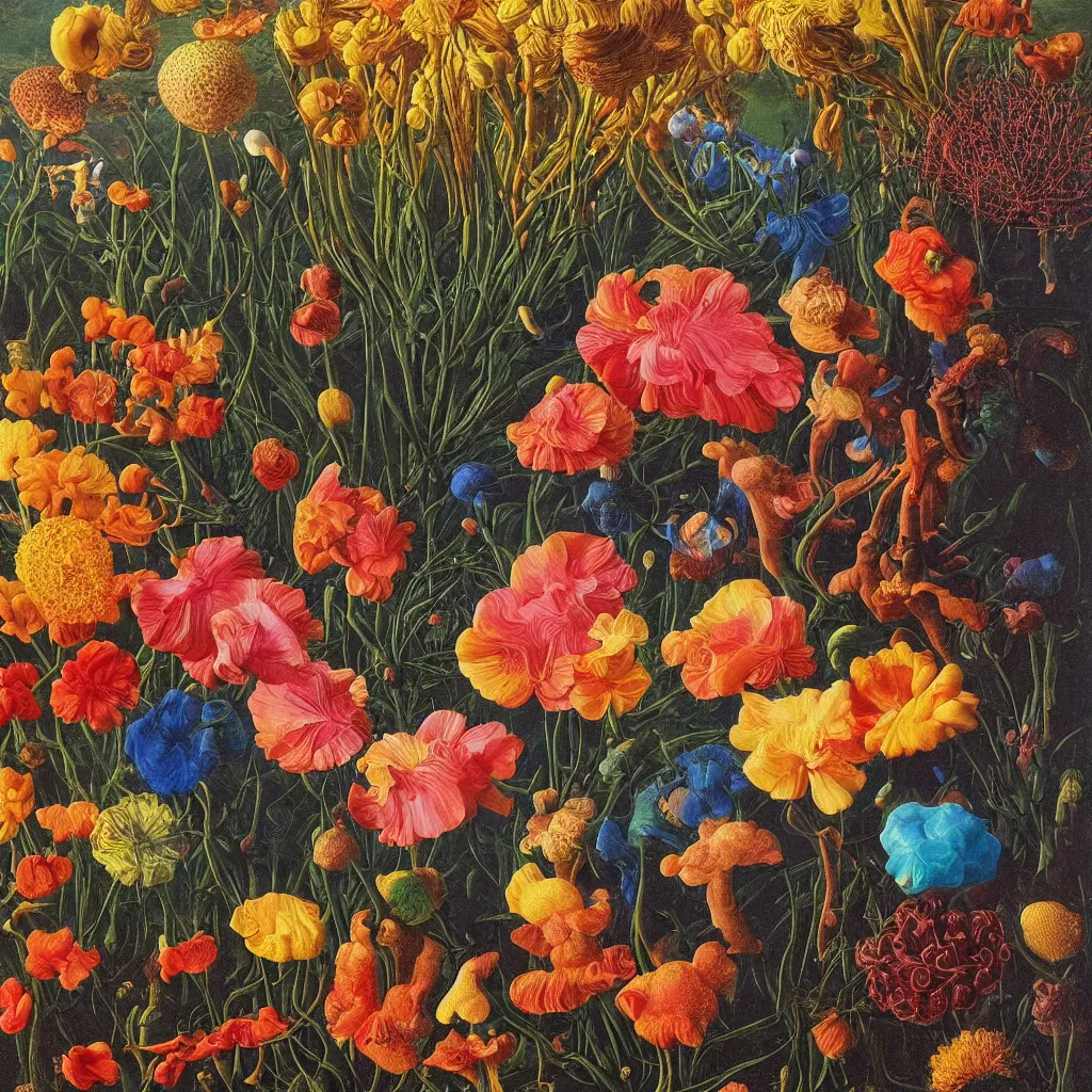 Prompt: a single! colorful! flower fungus clear empty sky, a high contrast!! ultradetailed photorealistic painting by jan van eyck, audubon, rene magritte, agnes pelton, max ernst, walton ford, andreas achenbach, ernst haeckel, hard lighting, masterpiece