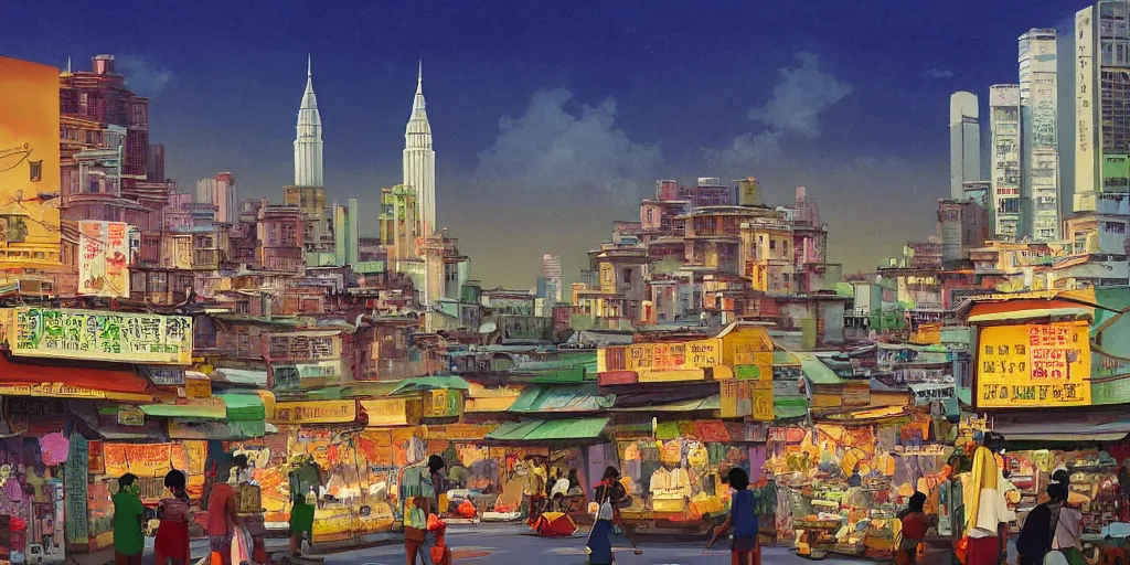 Image similar to little india sundry shop with kuala lumpur twin towers in the background, evening, highly detailed matte painting, studio ghibli, artstation