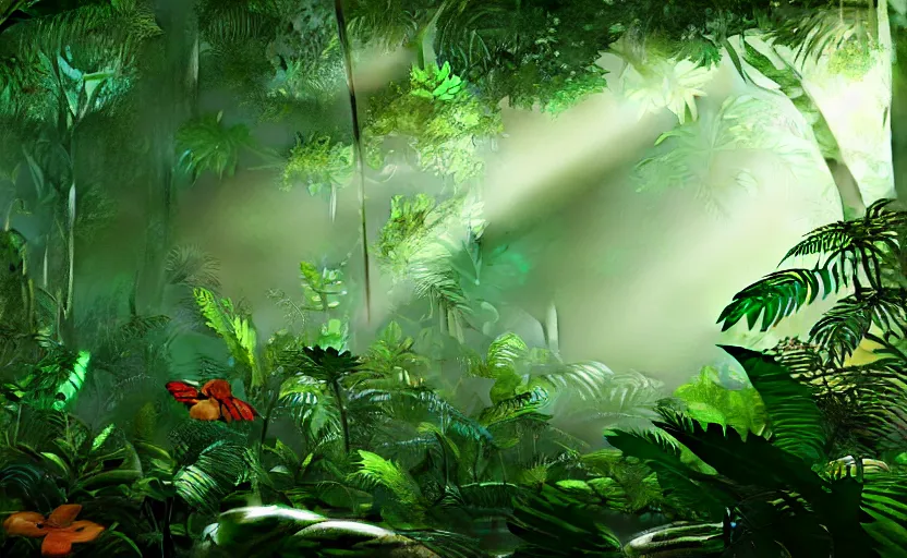 Prompt: a beautiful render of a prehistoric rainforest, lush flora, insects flying around, dark green, orange, intricate detail, god rays, hazy, humid, volumetric lighting, 8 k, photorealistic, raytracing effects, unreal engine 5