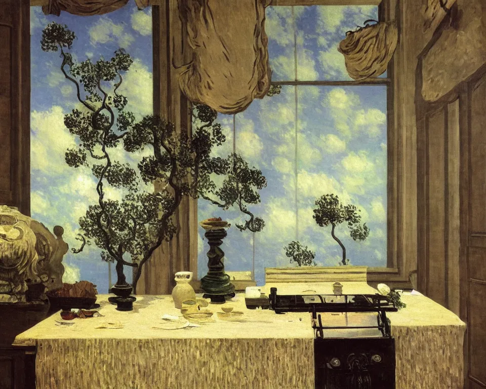 Prompt: achingly beautiful painting of a sophisticated, well - decorated stovetop on warm background by rene magritte, monet, and turner. giovanni battista piranesi.