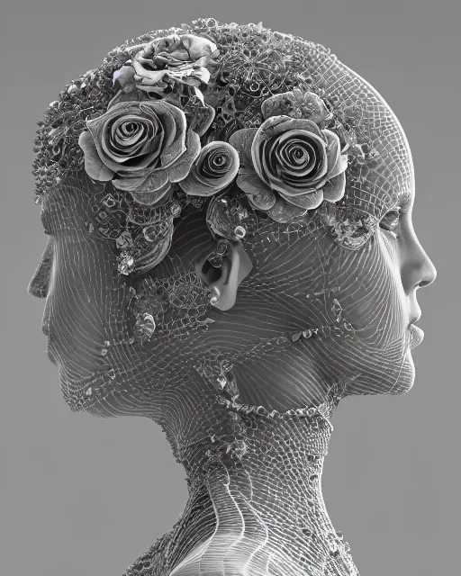 Image similar to mythical dreamy black and white organic bio - mechanical spinal ribbed profile face portrait detail of translucent steampunk beautiful female angelic - human - queen - vegetal - cyborg, highly detailed, intricate crystal ivy jelly ornate, poetic, translucent roses ornate, 3 d render, digital art, octane render, 8 k artistic photography, photo - realistic, by dora maar