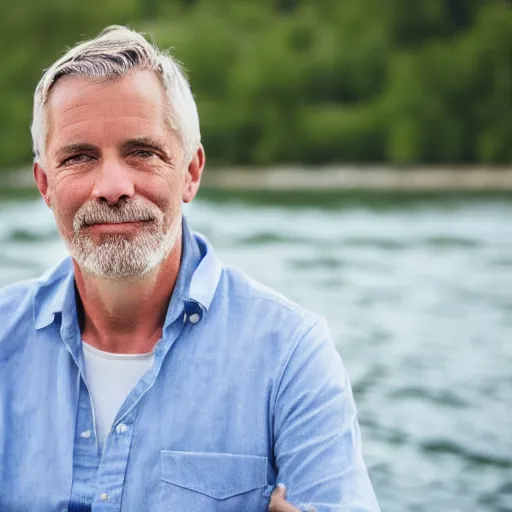 Image similar to portrait of 5 3 year old white male, blue eyes, greying hair, thinking back to his childhood days of spending summer vacations fishing on lake simard in mofett quebec, 4 k