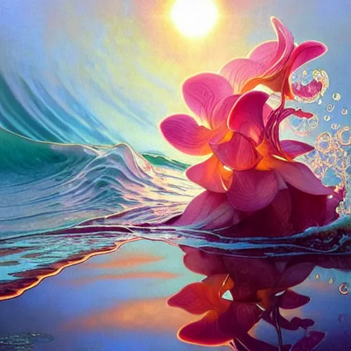 Prompt: detailed giant orchid flower surrounded by ocean wave, water, ripples, transparent droplets, backlit, sunset, refracted lighting, art by collier, albert aublet, krenz cushart, artem demura, alphonse mucha