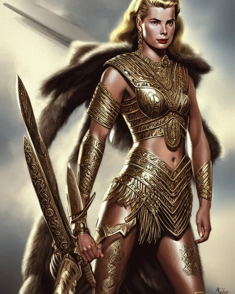 Image similar to a young grace kelly as an amazon warrior, tall and beautiful with brown skin and long hair, dressed in hellenistic body armor, intricate, elegant, highly detailed, smooth, sharp focus, detailed face, art by ardian syaf