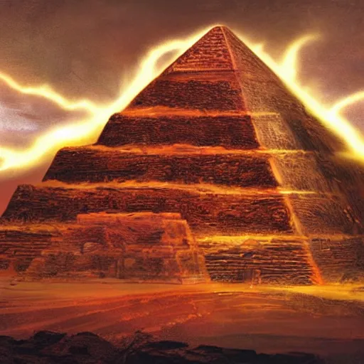 Image similar to Helios muscular god, red fire eyes, guarding the pyramid of Cheops, dessert, ancient world, realistic, god, dramatic lightning, very detailed, concept art,