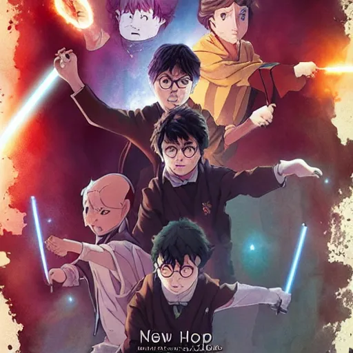 Image similar to poster for a film fantasy japanese animation called harry potter a new hope, 8 k, hd, dustin nguyen, akihiko yoshida, greg tocchini, greg rutkowski, cliff chiang, award winning, awesome composition