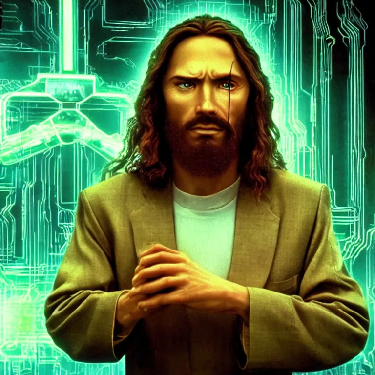 Prompt: detailed photo of jesus christ hacking into futuristic cyberspace in a still from the cyberpunk movie the lawnmower man