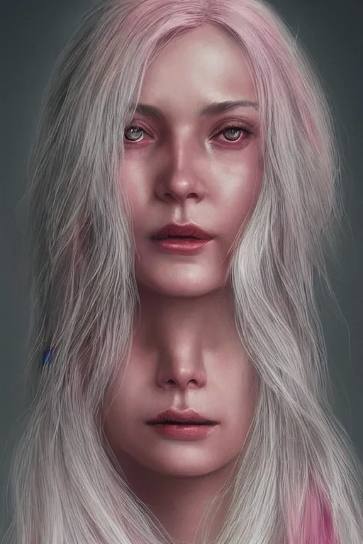 Image similar to a fancy portrait a happy and beautiful women with long white hair and deep pink eye colour by greg rutkowski, sung choi, mitchell mohrhauser, maciej kuciara, johnson ting, maxim verehin, peter konig, 8 k photorealistic, cinematic lighting, hd, high details, dramatic, atmosphereric, trending on artstation