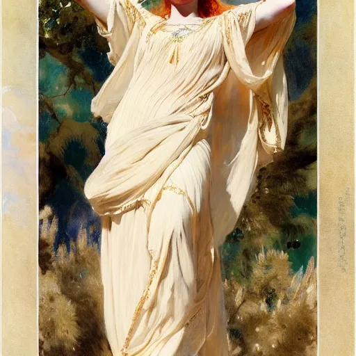 Image similar to redheaded prophetess, fully clothed in white floral chiton, ancient greece, by john singer sargent and gaston bussiere and james jean and grzegorz rutkowski