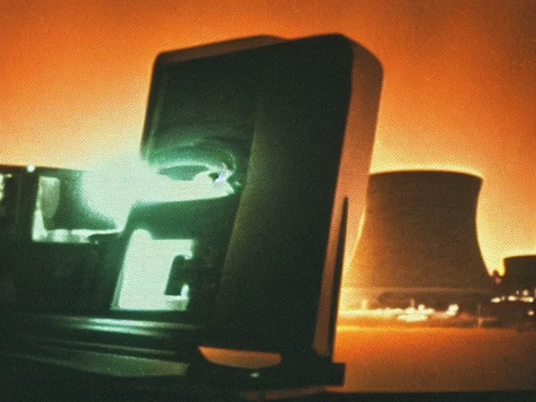 Prompt: closeup photo of a CRT monitor depicting a UFO hovering over a nuclear power plant, scanlines, video ghosting