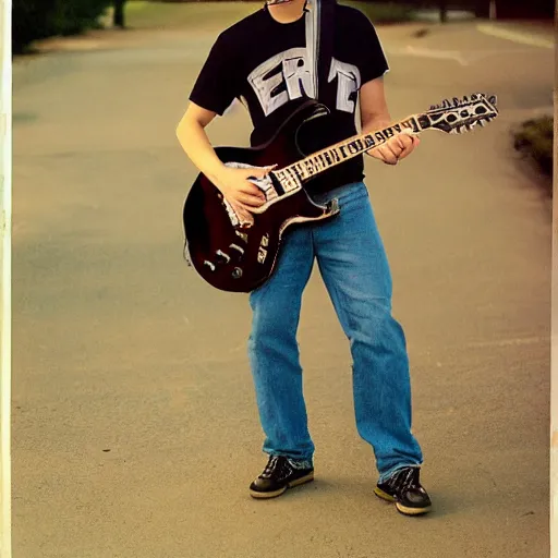 Prompt: 19-year-old white boy wearing backwards baseball cap, baggy jeans, playing 7-string guitar, nü metal concert, rap metal, alternative metal, 1999 photograph