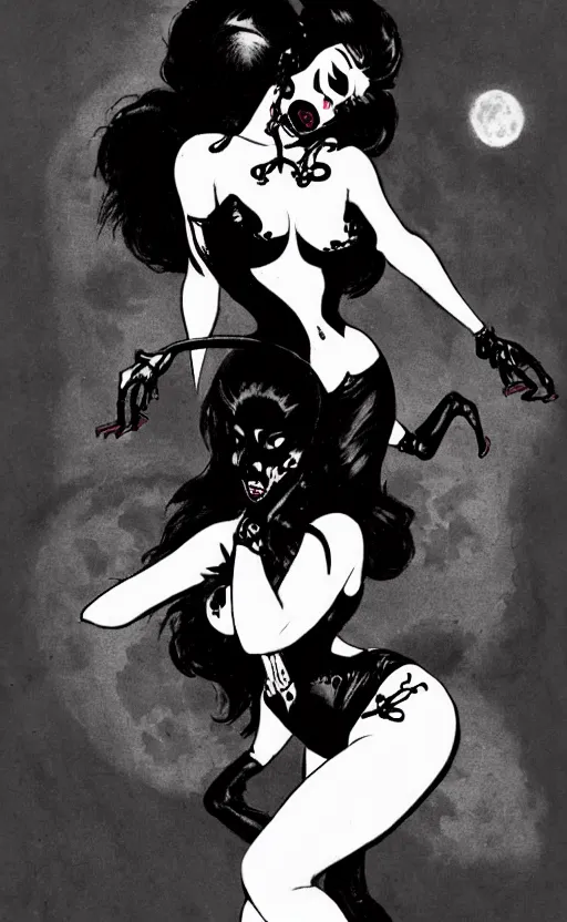 Image similar to goth girl with a detailed face and black hair below a full moon, burlesque psychobilly, rockabilly, punk, white background, drawing, illustration by frank frazetta