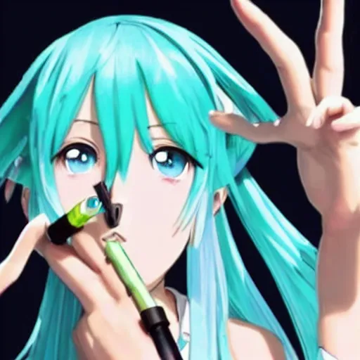 Image similar to hatsune miku smoking a vape pen in her right hand and holding up a peace sign in her left hand | smoke coming out of her mouth,