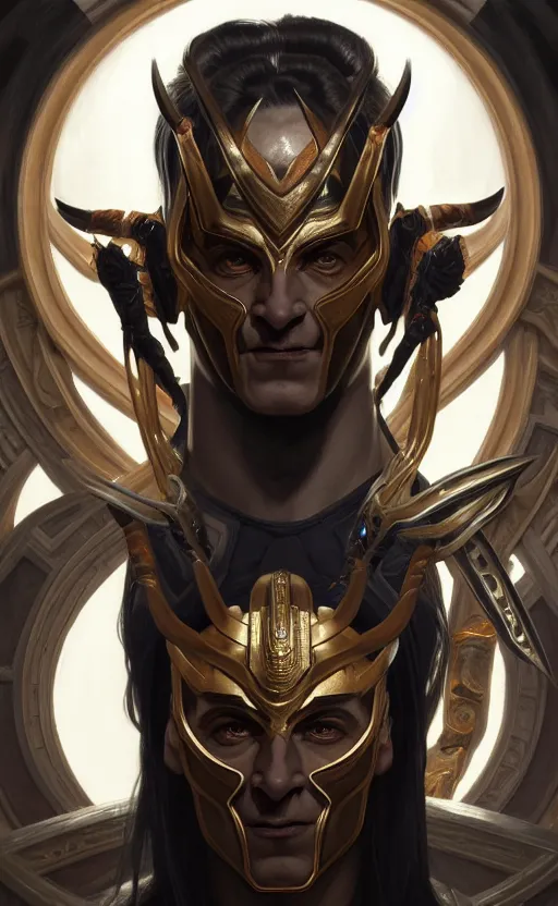 Image similar to symmetry!! intense portrait of loki in the style of god of war, machine parts embedded into face, intricate, elegant, highly detailed, digital painting, artstation, concept art, smooth, sharp focus, illustration, art by artgerm and greg rutkowski and alphonse mucha, 8 k