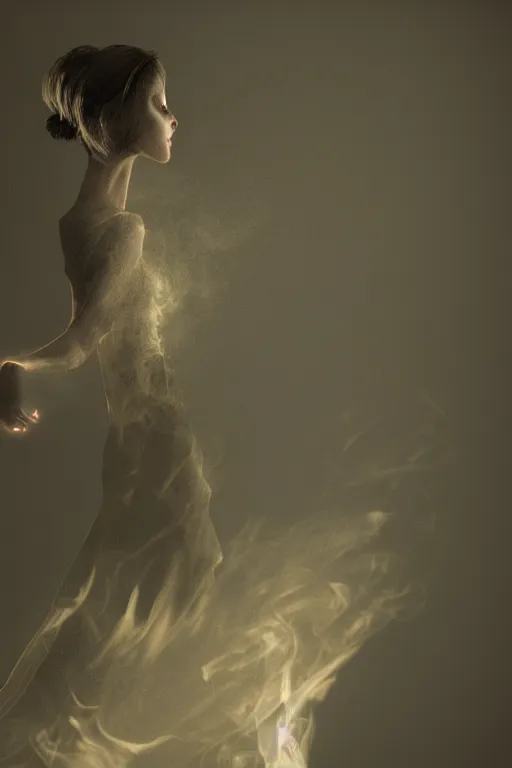 Image similar to a woman made of smoke, dancing, atmospheric, octane render, volumetric light