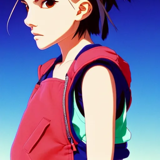 Image similar to a beautiful! boyish! natalie portman alluring gravure! model, wearing oversized mayan bomber jacket and leotard with overalls, bulky poofy bomber jacket with mayan patterns, aztec street fashion, gapmoe yandere grimdark, trending on pixiv fanbox, painted by greg rutkowski makoto shinkai takashi takeuchi studio ghibli