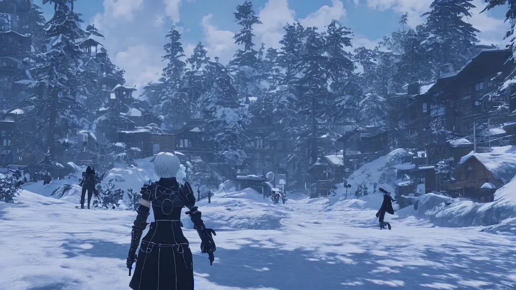 Prompt: Screenshot from Nier Automata, beautiful landscape at a ski resort