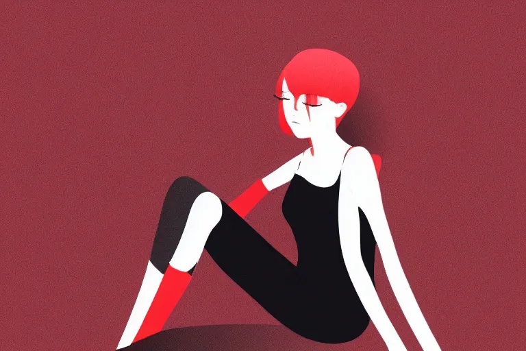 Image similar to a girl sitting in an artsy pose, wearing a black outfit with red trim, white background, soft shadow, vector shaded anime, detailed colors, digital art, 4 k